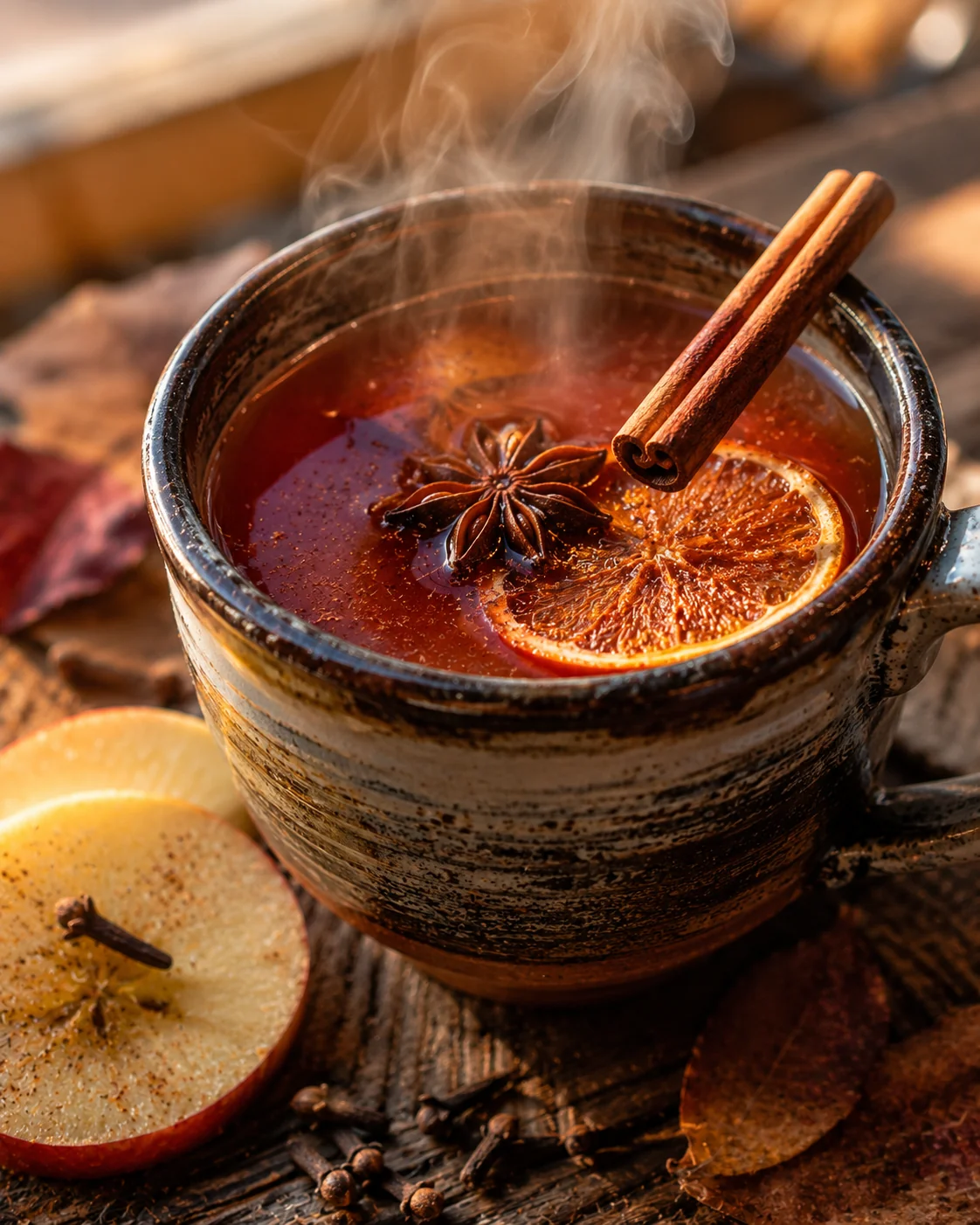 Macro close-up of a steaming mug of hot apple cider with cinnamon sticks on a rustic table &mdash; fall AI image prompt