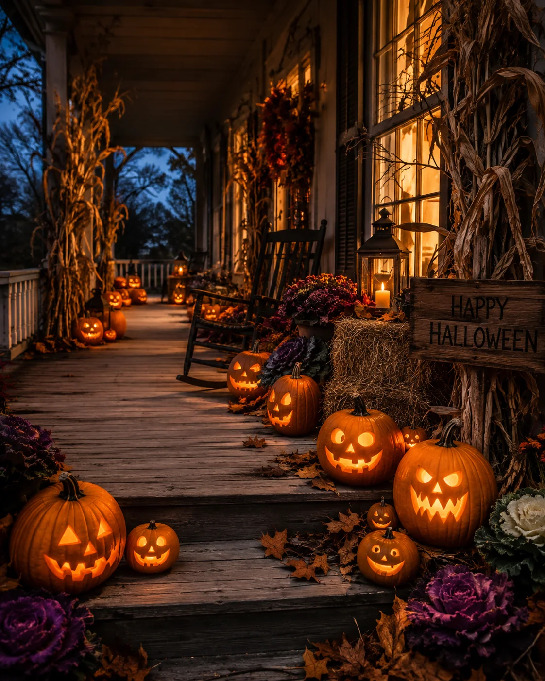 Carved jack-o-lanterns glowing on a rustic wooden porch decorated for autumn &mdash; fall AI image prompt