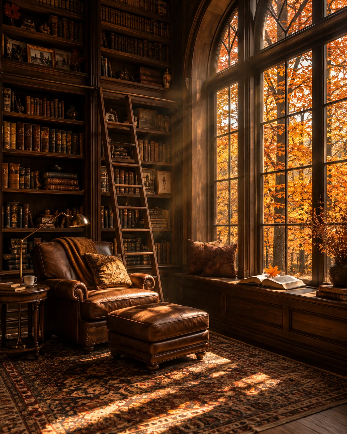 A cozy home library bathed in warm amber autumn light with leaves outside the window &mdash; fall AI image prompt