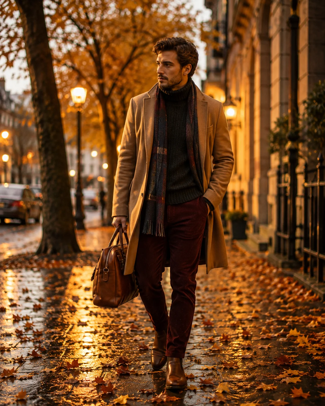 Stylish man in a camel overcoat and scarf walking on a leaf-covered urban street in autumn &mdash; fall AI image prompt