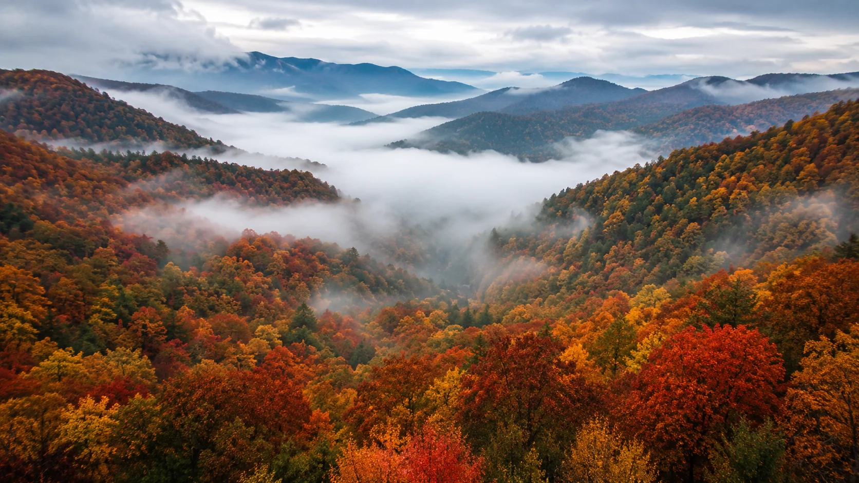 Misty mountain valley surrounded by red and orange autumn foliage &mdash; fall AI image prompt