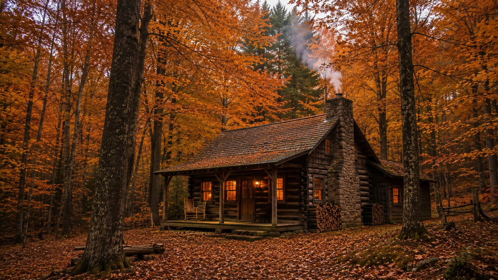 Rustic log cabin surrounded by orange maple trees with warm lights glowing inside &mdash; fall AI image prompt