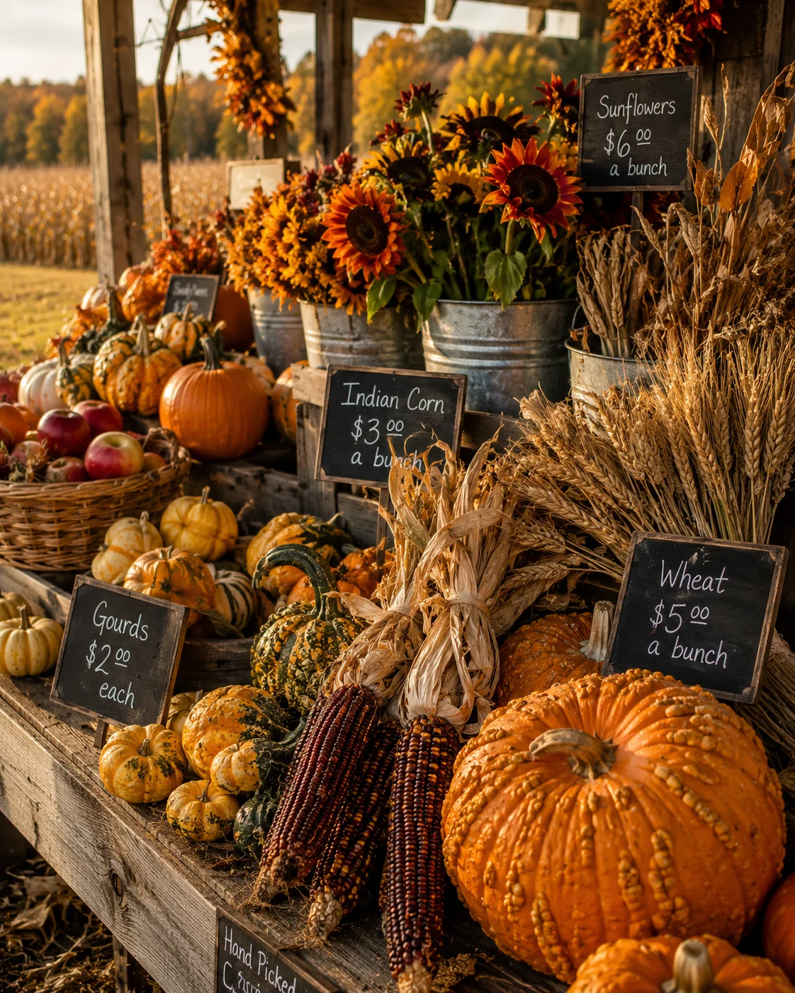 A rustic wooden farm stand filled with colourful gourds, corn, and dried flowers in autumn &mdash; fall AI image prompt