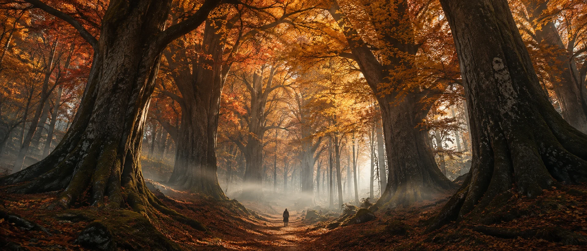 A lone figure walking through a vast misty autumn forest &mdash; cinematic wide-angle fall AI image prompt