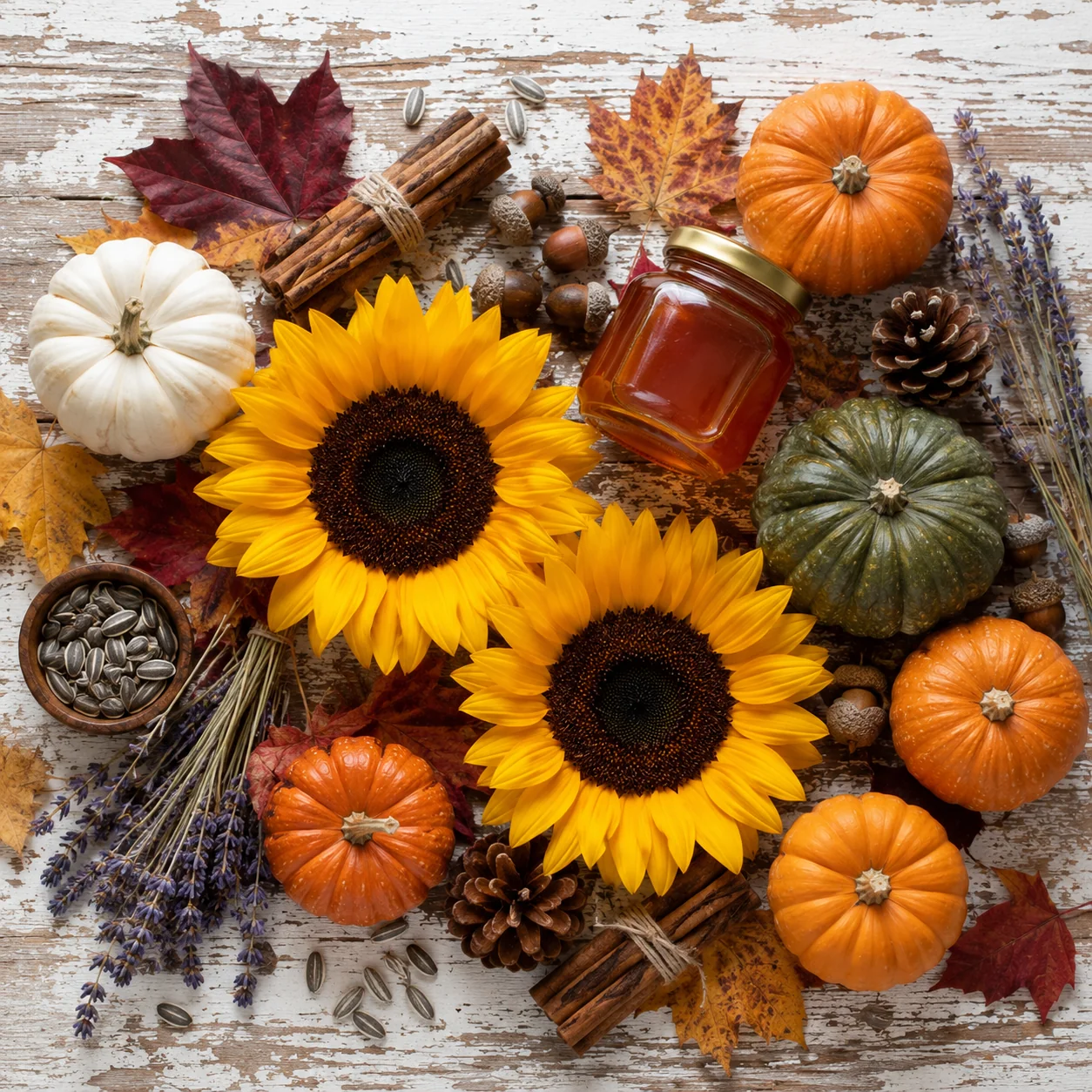 Overhead flat lay of sunflowers, mini pumpkins and autumn leaves on a wooden table &mdash; fall AI image prompt
