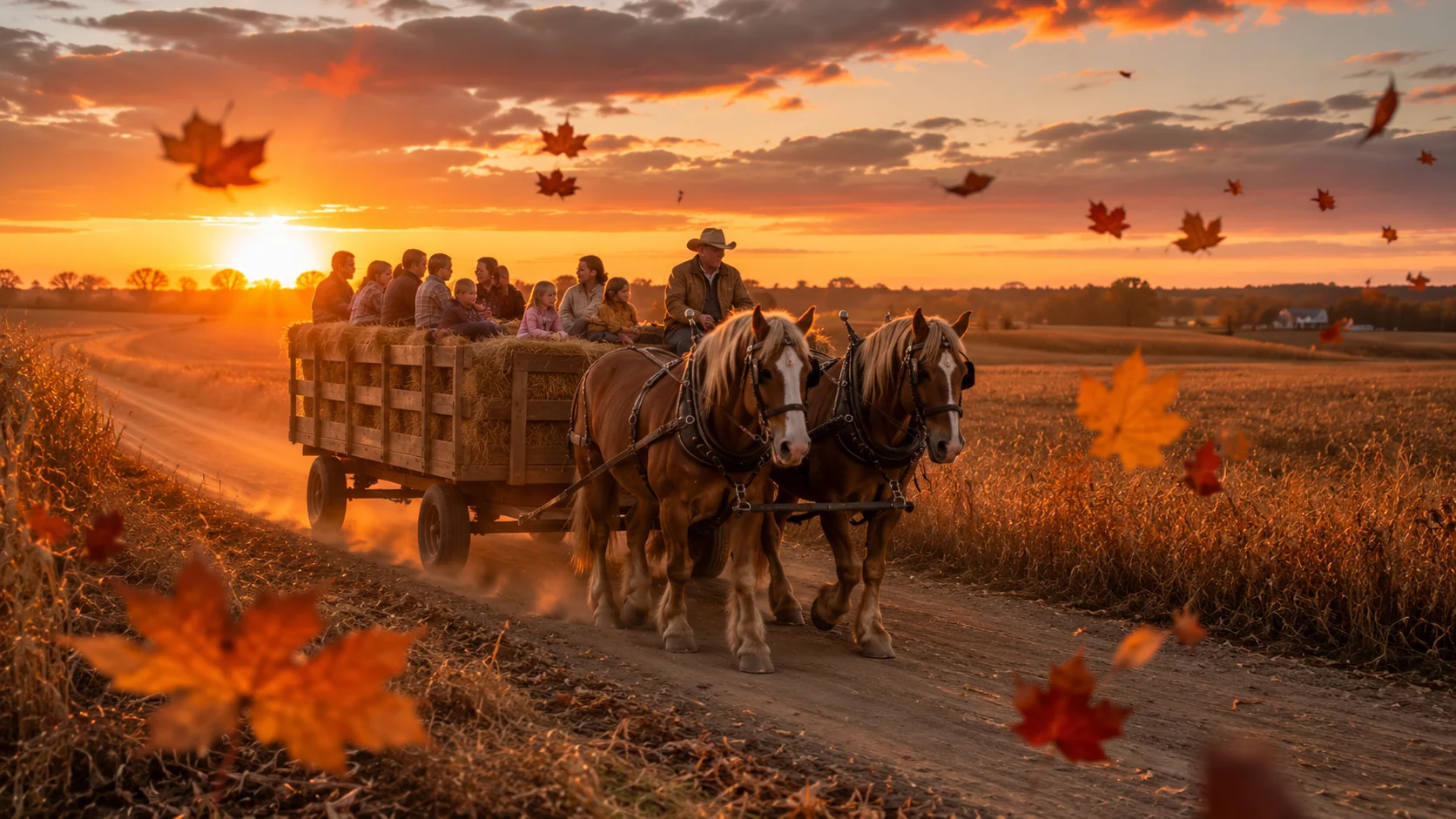 A hay wagon ride through golden autumn harvest fields at sunset &mdash; fall AI image prompt