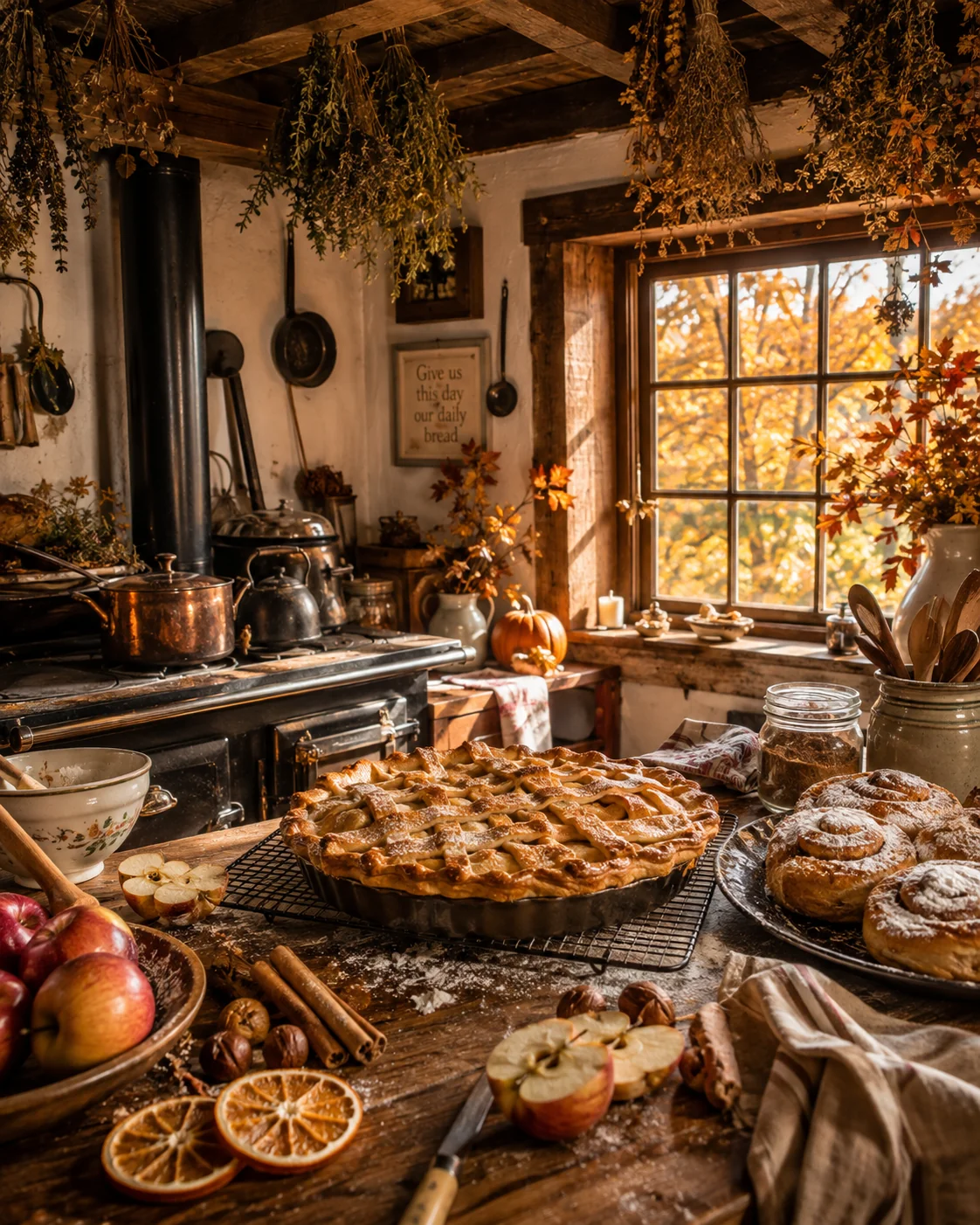 Warm rustic kitchen with pies and cinnamon rolls baking in golden autumn light &mdash; fall AI image prompt