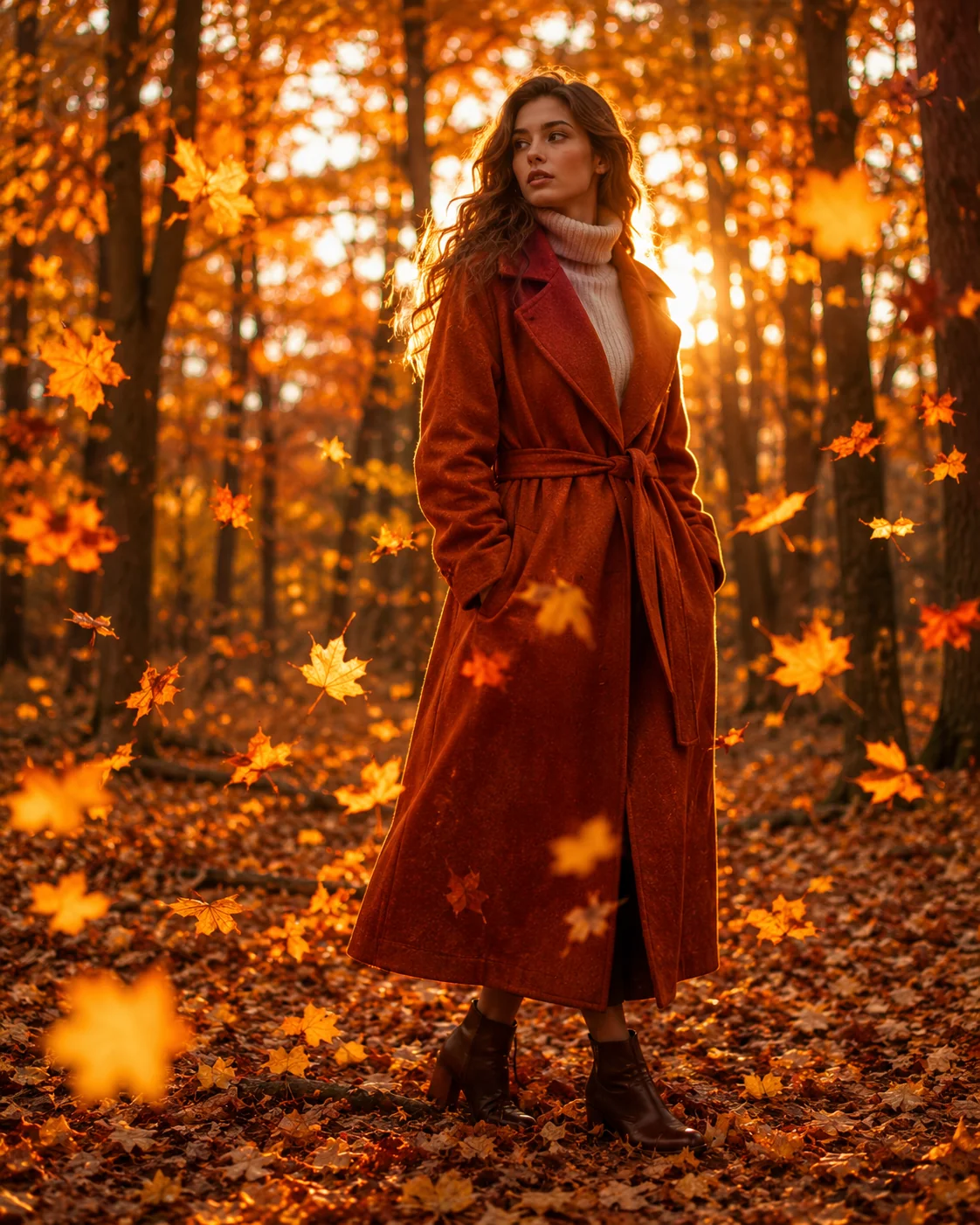 Elegant woman in a rust-coloured coat standing among tall golden autumn trees &mdash; fall AI image prompt