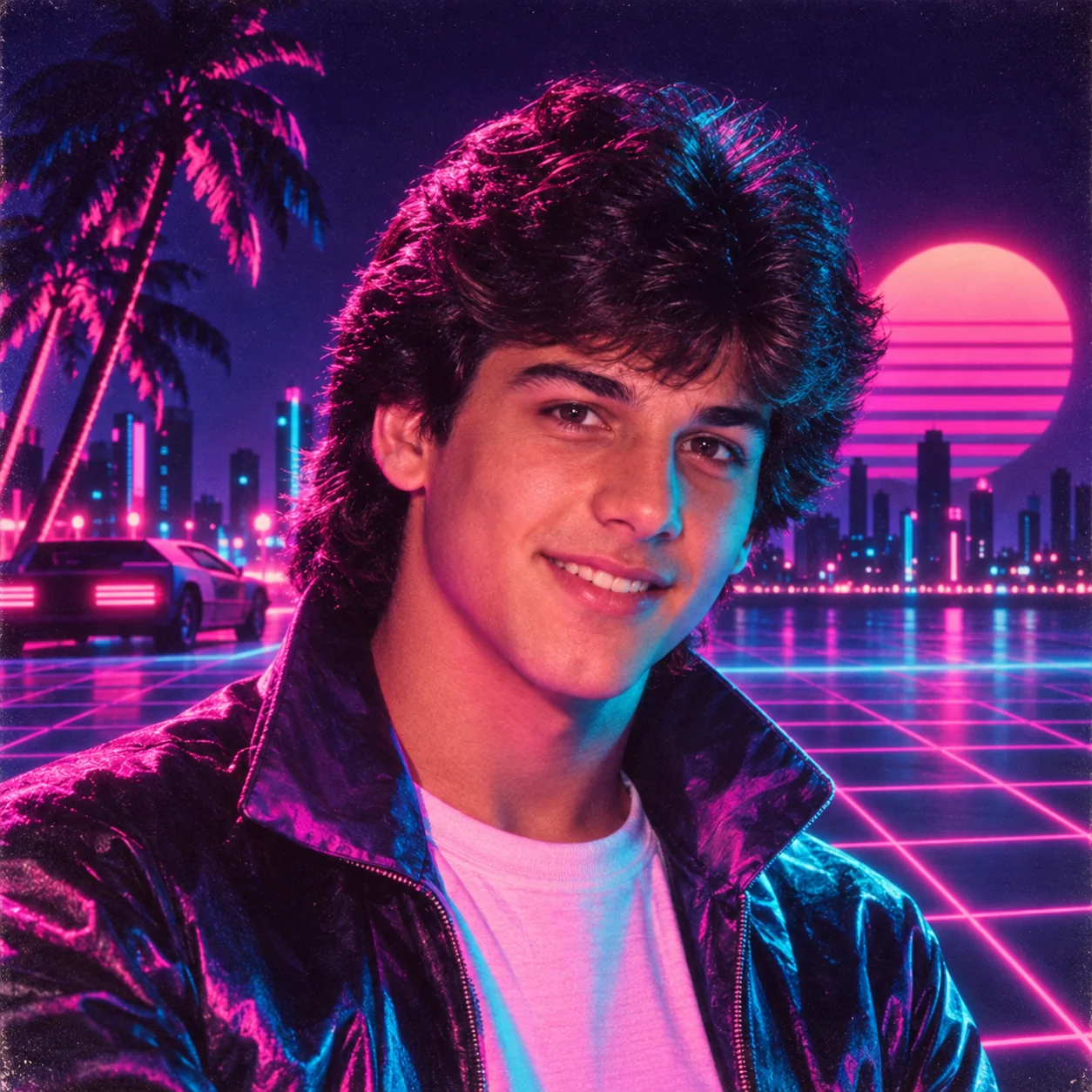 Neon synthwave ChatGPT 80s photo filter result — most saved retro portrait style