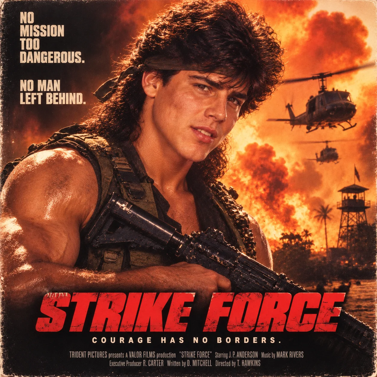 Action hero blockbuster ChatGPT 80s Instagram trend — Stallone Schwarzenegger VHS era cinematic AI portrait