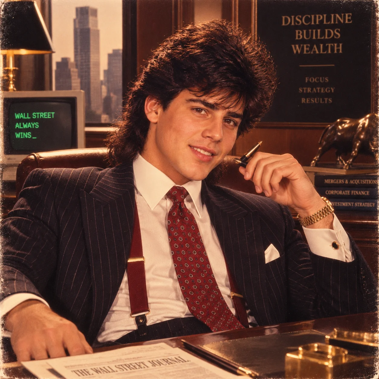 Wall Street power portrait ChatGPT 80s Instagram trend — Gordon Gekko retro business portrait