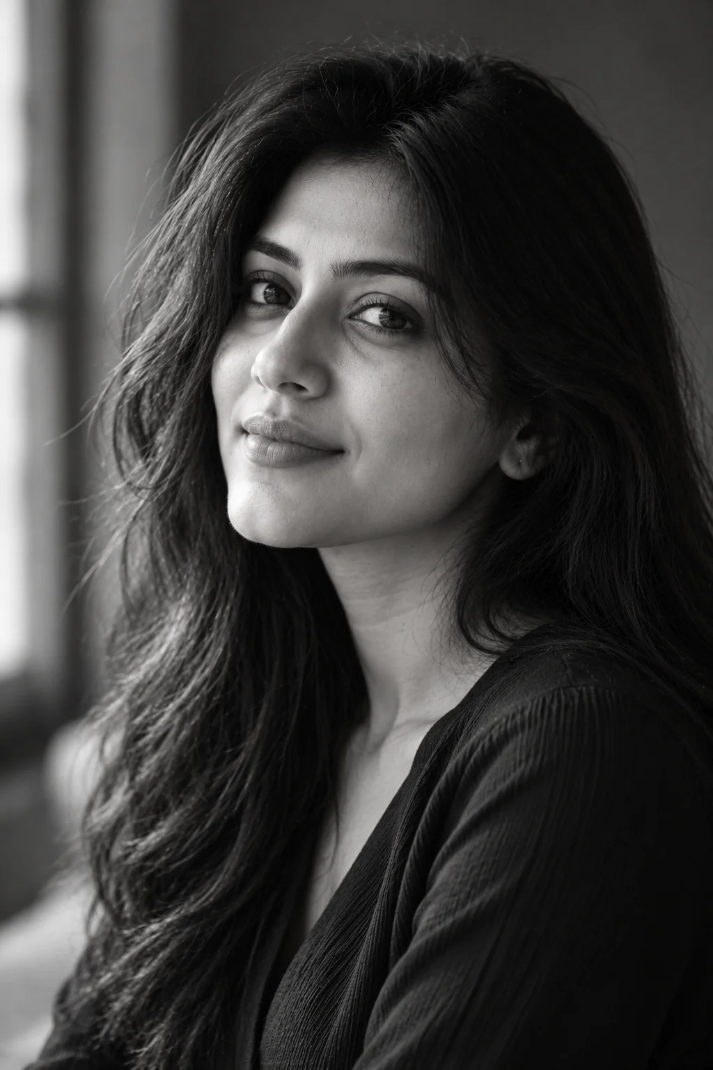 Black-and-white photorealistic portrait of an adult woman with natural skin texture, expressive eyes, and soft window lighting