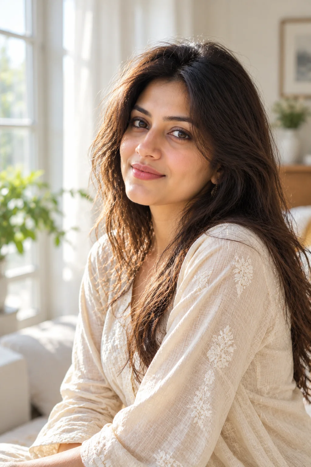 Bright and airy photorealistic portrait of an adult woman in a sunlit room with soft daylight and neutral decor