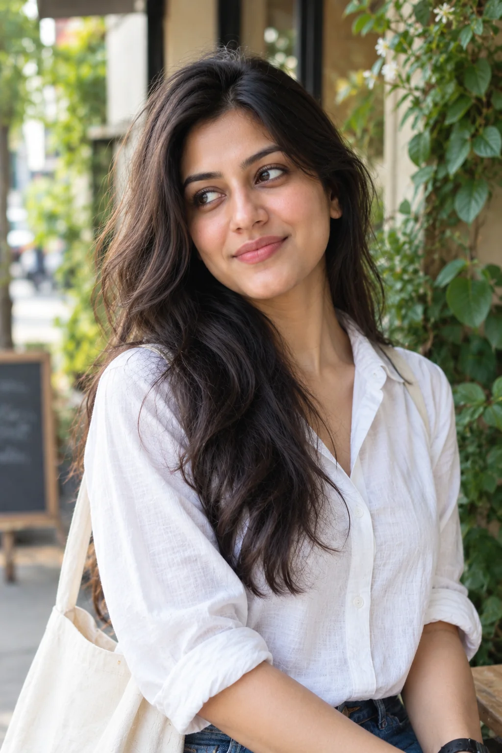 Candid photorealistic lifestyle portrait of an adult woman in soft outdoor shade with realistic facial details