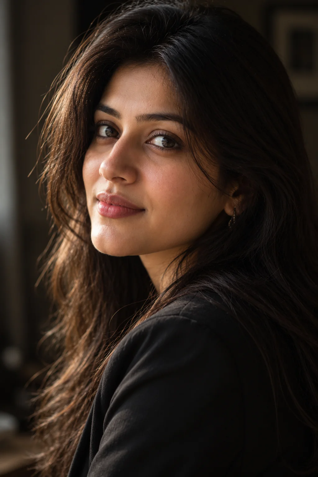 Cinematic photorealistic portrait of an adult woman with soft directional side lighting and a dark blurred background