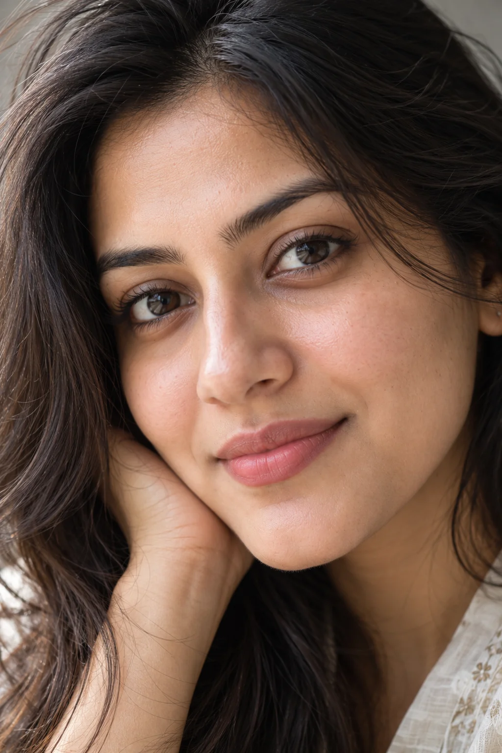 Extreme close-up photorealistic portrait of an adult woman showing natural skin pores, detailed eyes, and soft directional light
