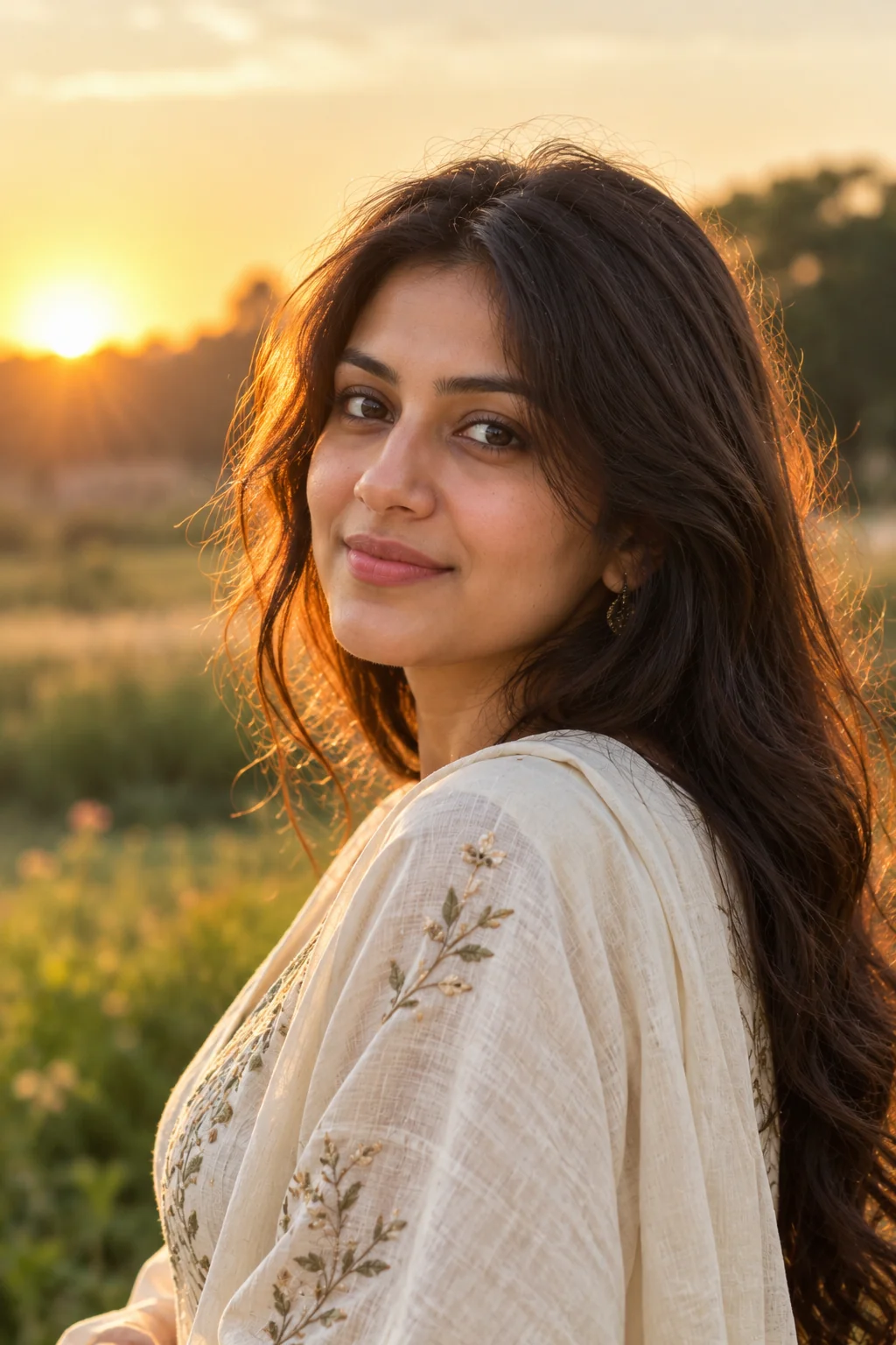 Realistic outdoor portrait of an adult woman illuminated by warm golden-hour sunlight with a softly blurred natural background