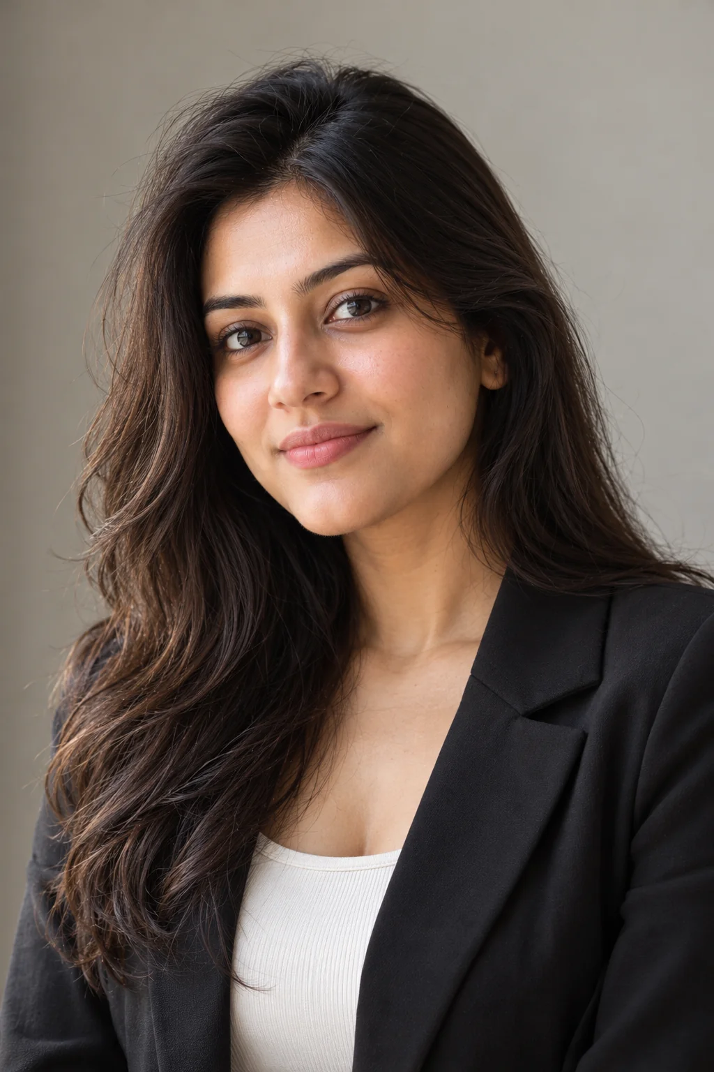 Professional photorealistic portrait of a woman against a neutral studio background with soft natural-looking directional light