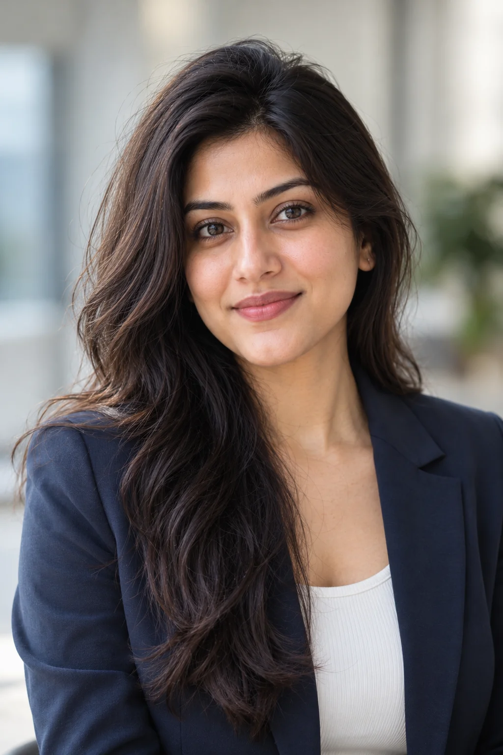Professional realistic headshot of an adult woman wearing business attire with soft natural lighting and a neutral background