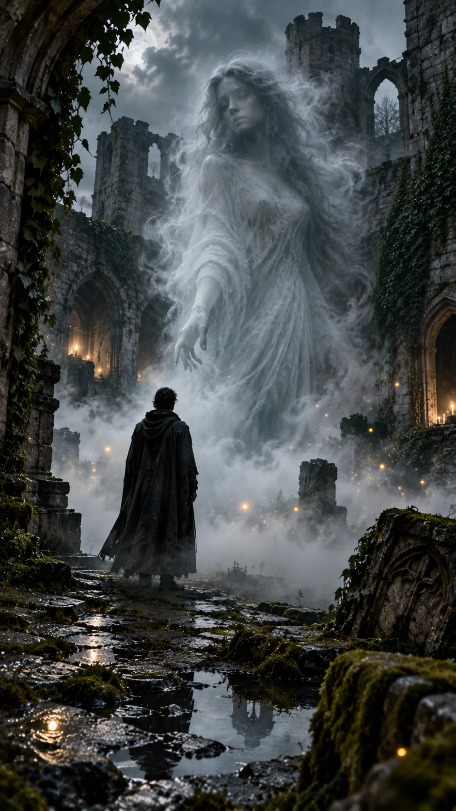 Surreal AI art of a dark figure standing at abandoned castle ruins with an ethereal ghostly presence rising from the fog