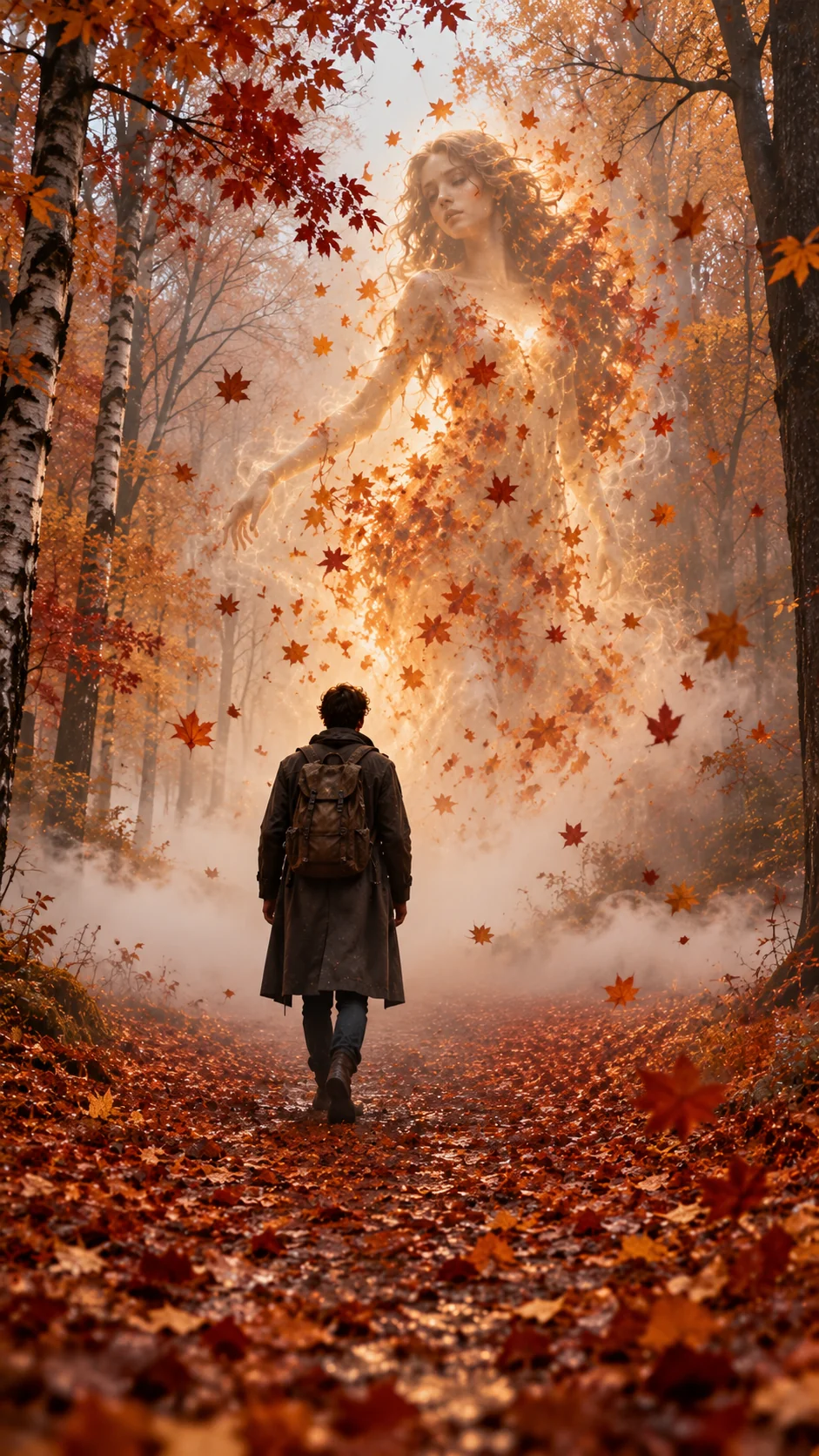 Surreal AI art of a figure on an autumn leaf-covered forest path with a glowing ethereal spirit form rising from the ground mist