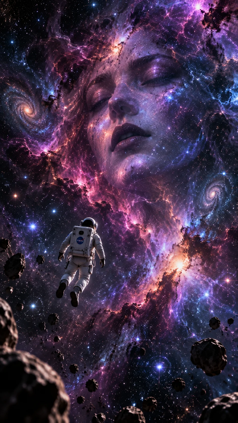 Surreal AI art of an astronaut in deep space with a colossal ethereal ghostly face emerging from a colourful nebula cloud