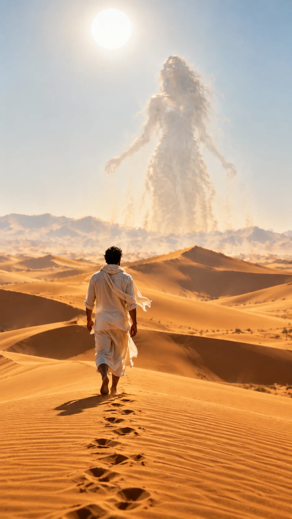 Surreal AI art of a lone wanderer in the Sahara desert with an ethereal ghost figure shimmering in the heat haze above the dunes