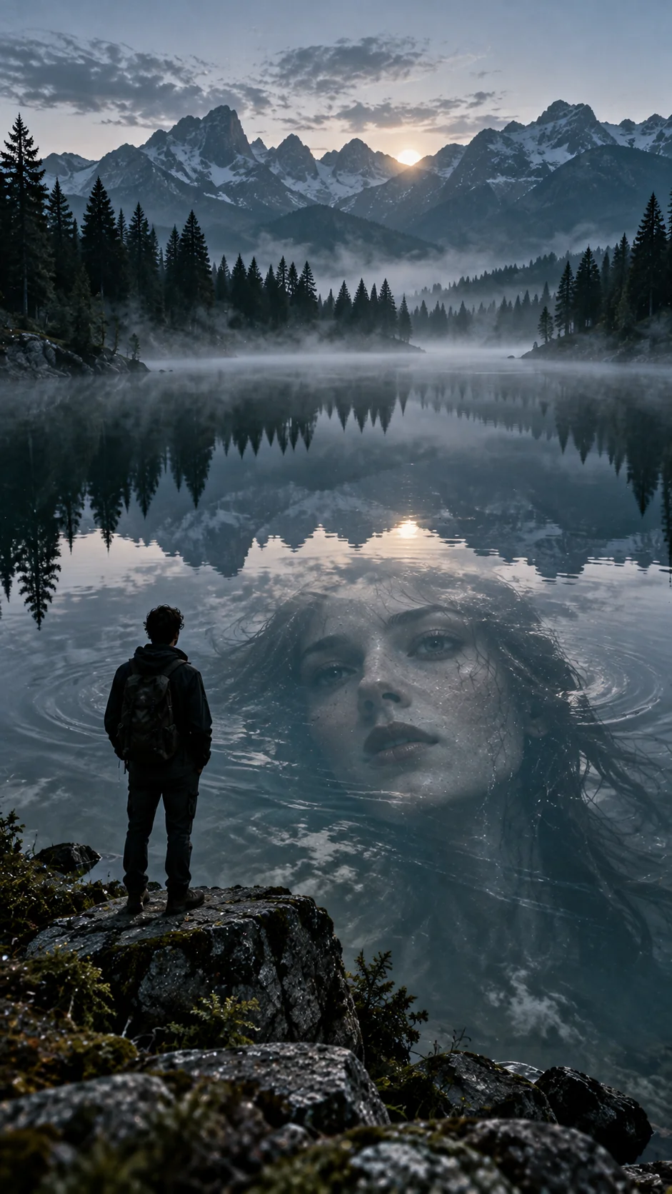 Surreal AI art of a silhouette by a perfectly still lake at dawn with a ghostly woman's face appearing in the mirror water reflection