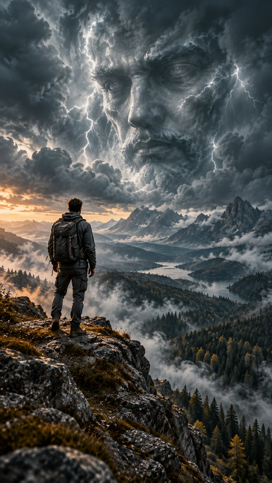 Surreal AI art of a lone hiker on a mountain ridge with a ghostly face manifesting in the thunderstorm clouds above
