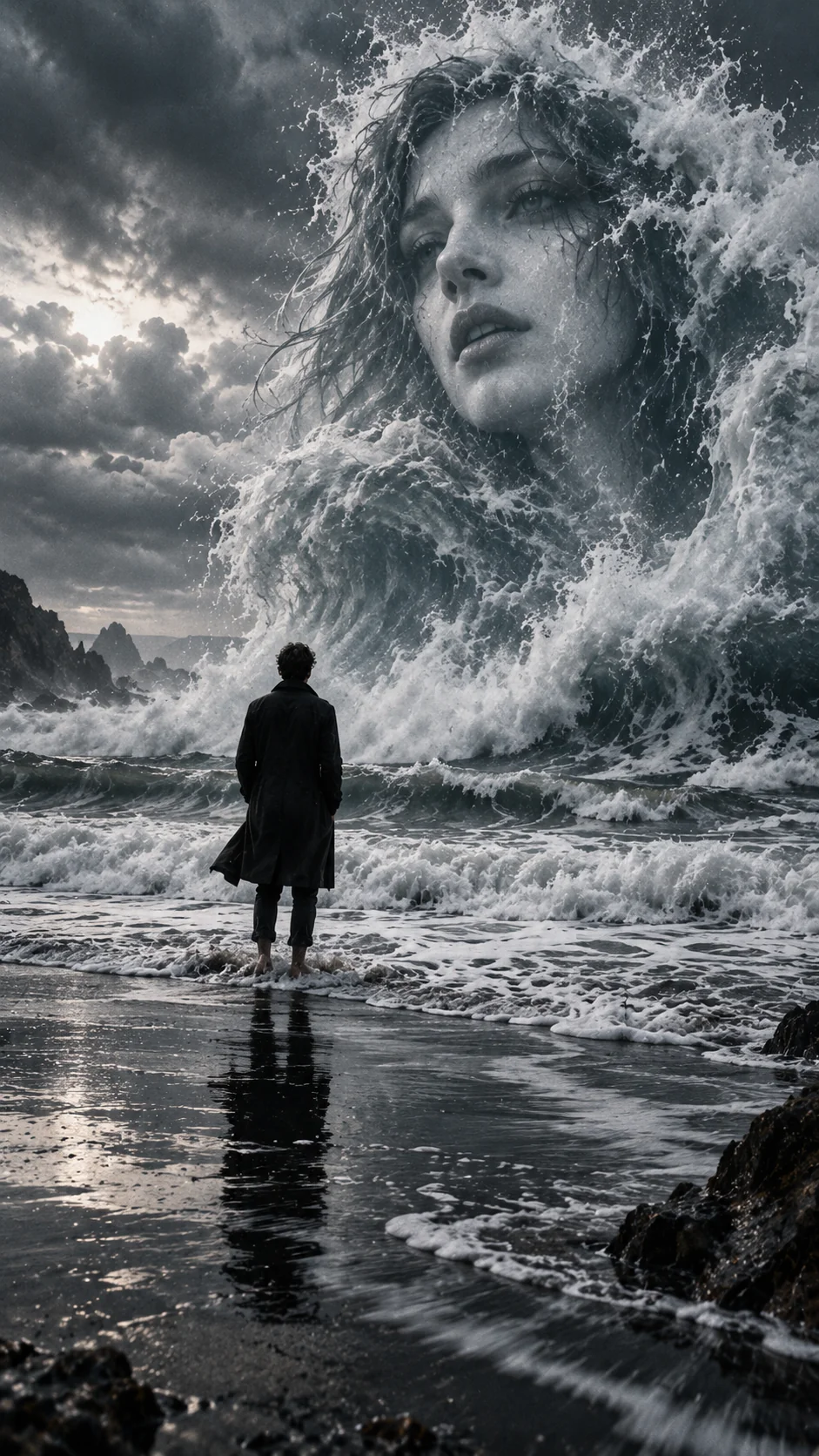 Surreal AI photo of a solitary person on a stormy beach with a ghostly woman's face appearing in the white ocean waves