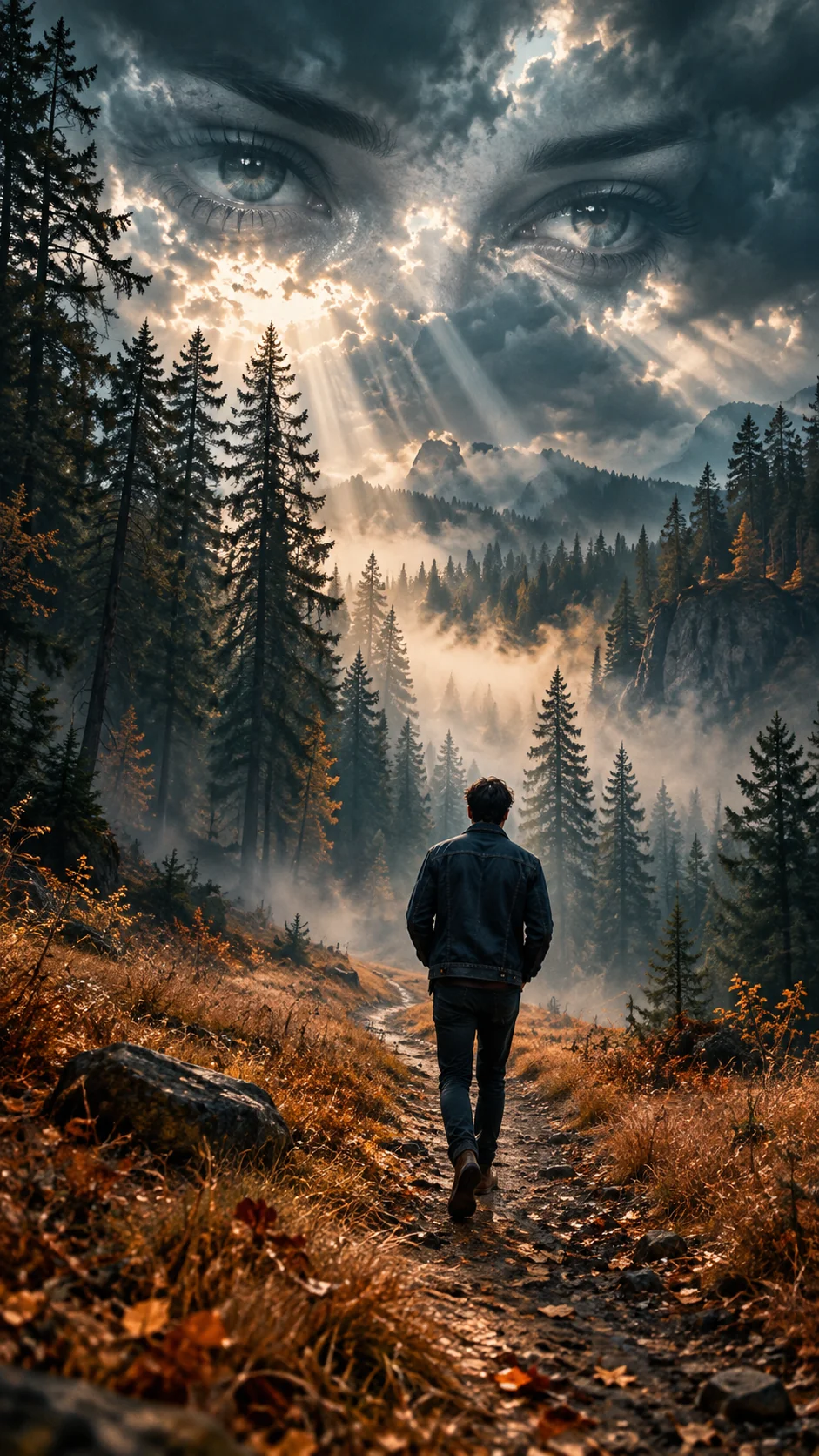 Surreal AI photo of a lone man walking away on a misty forest path with giant ethereal eyes watching from the storm clouds