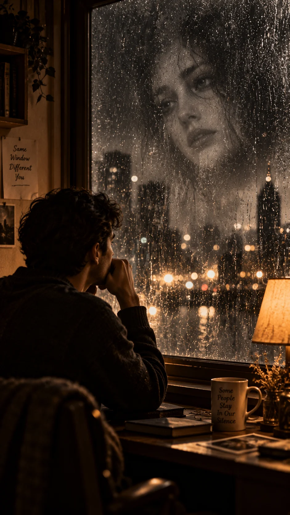 Surreal AI art of a person sitting at a rain-streaked window at night seeing a ghostly face fading in the glass reflection