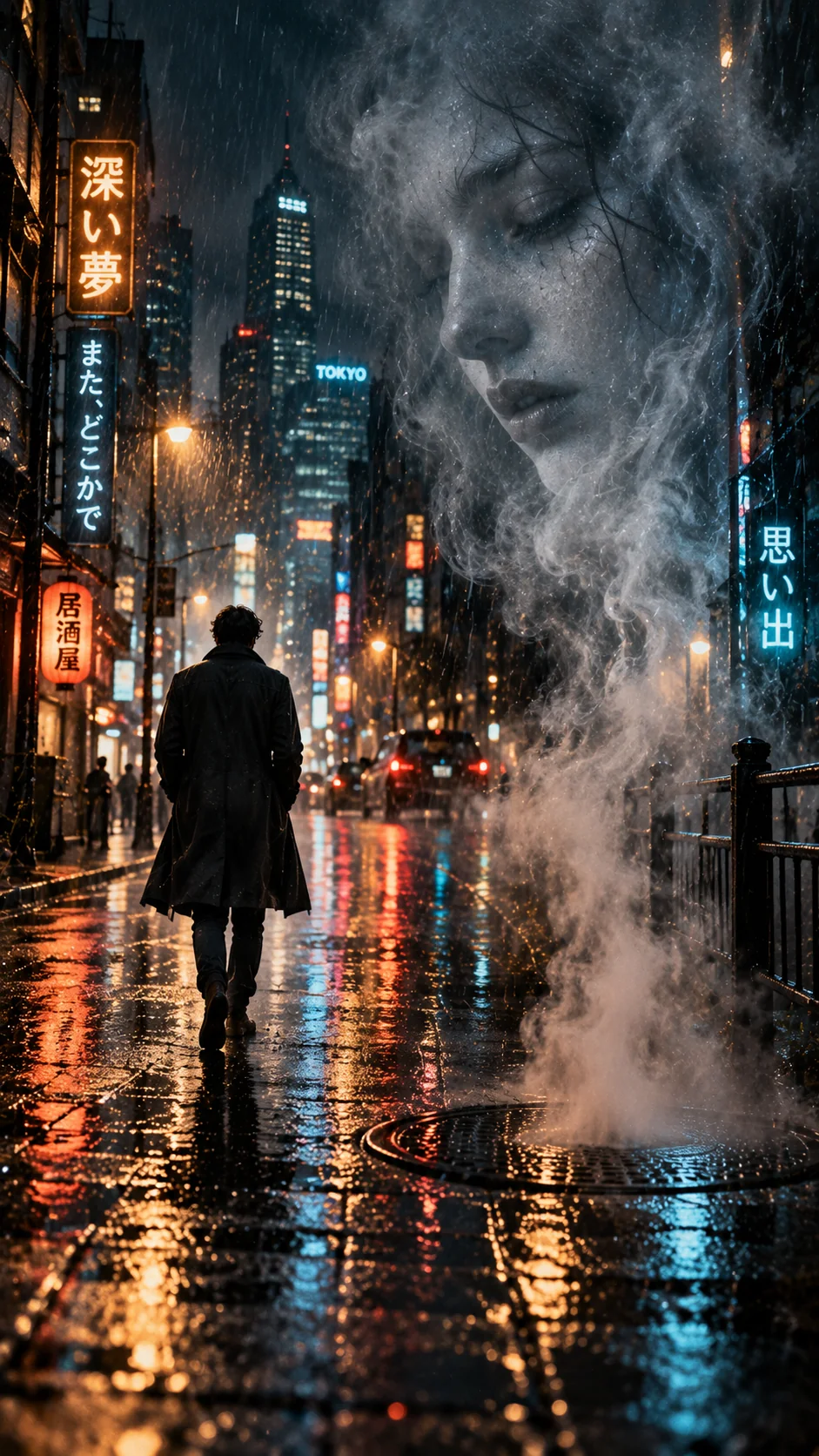 Surreal AI photo of a lonely person walking a rain-slicked city street at night with a translucent ghostly face in the fog