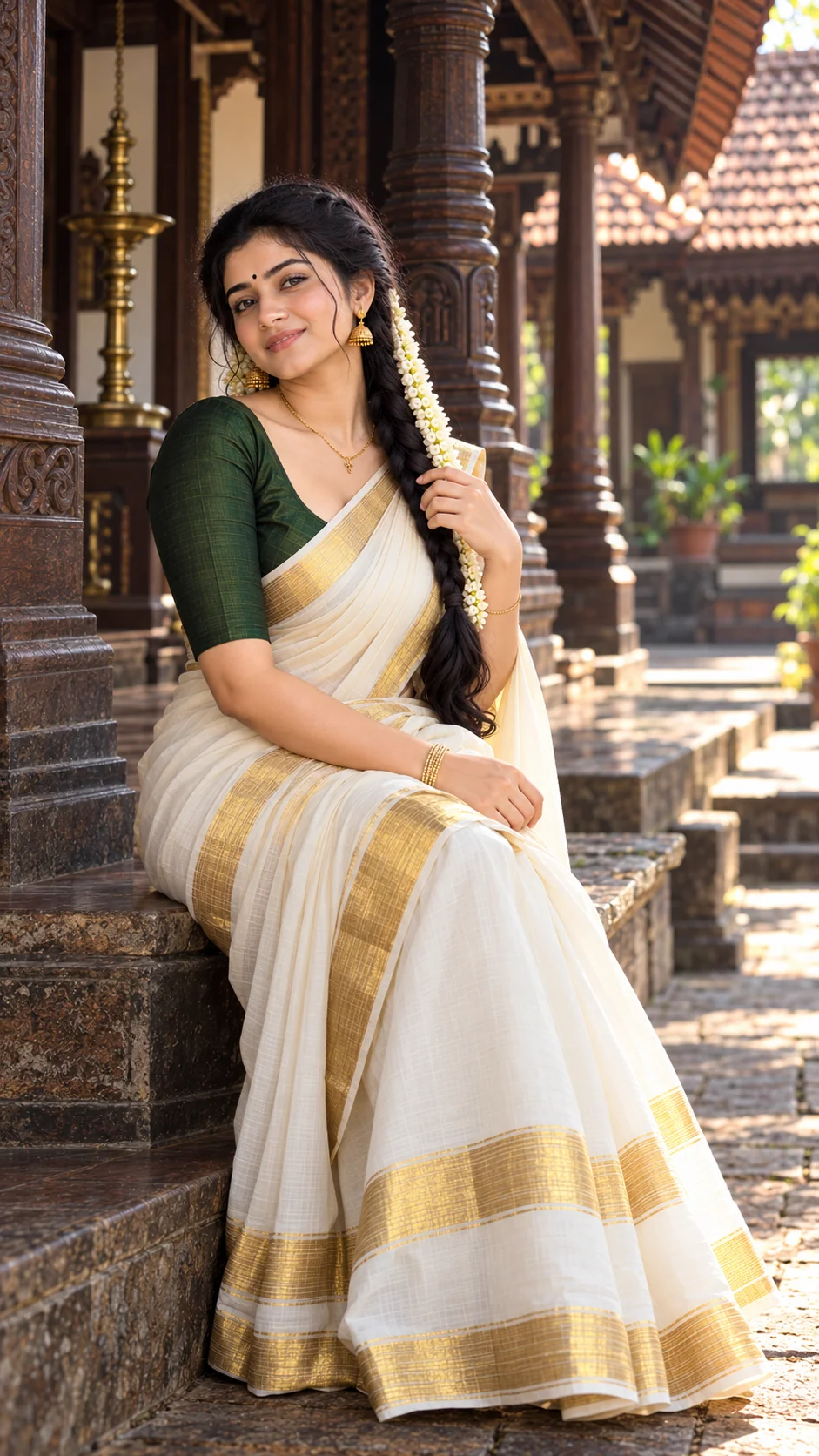 Cinematic traditional Indian woman in Kerala Kasavu saree photographed beside an old ancestral wooden house.