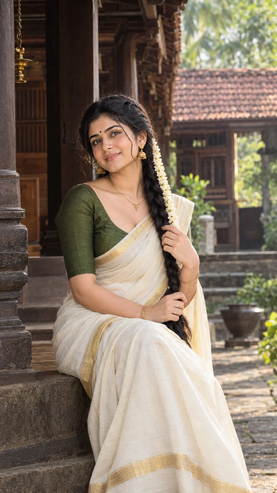 Classic full-length Kerala saree portrait featuring an Indian woman with jasmine-adorned braided hair in a traditional courtyard.