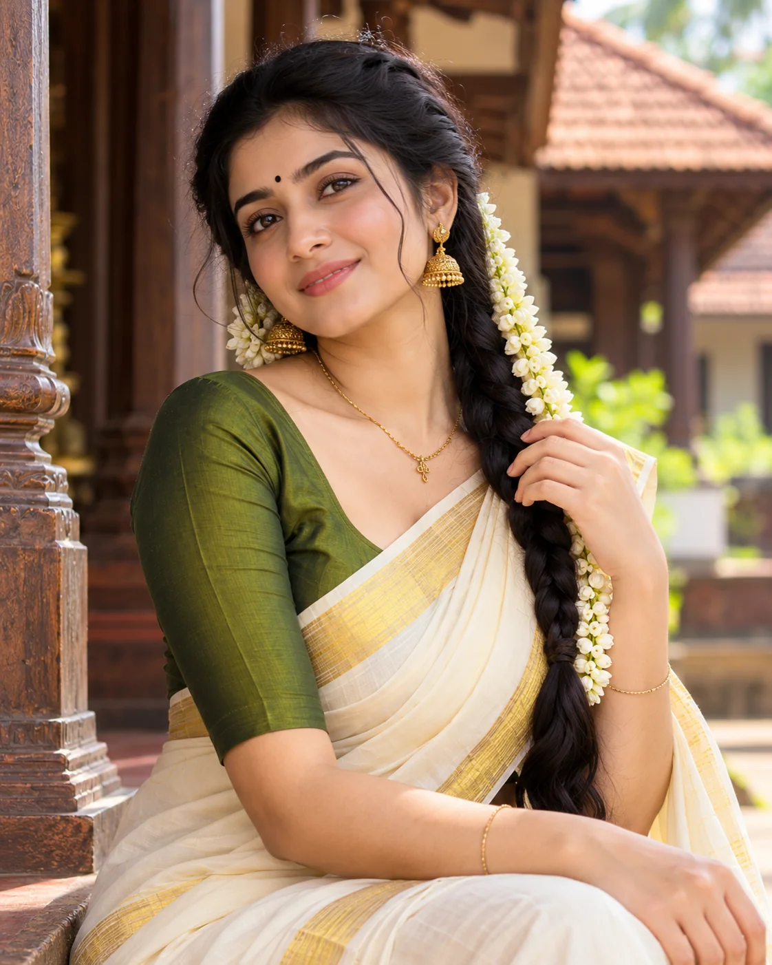Close-up traditional Indian portrait featuring jasmine flowers, a long black braid, gold jhumka earrings and a Kerala saree.