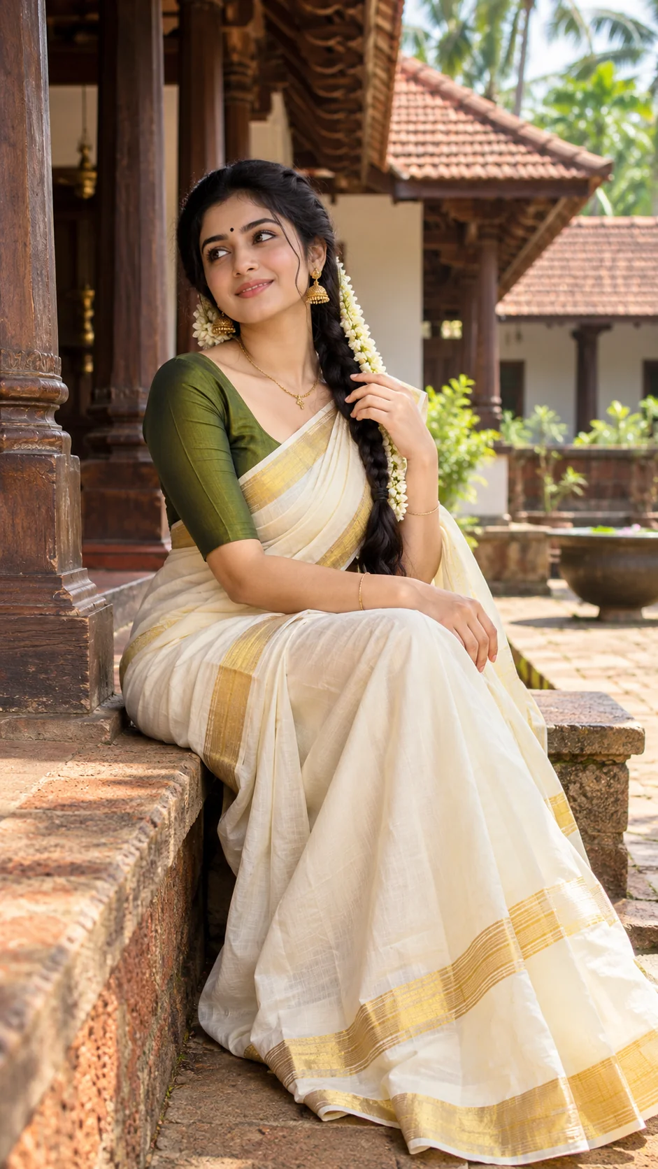 Traditional Indian woman in an ivory Kerala Kasavu saree sitting gracefully in a heritage courtyard with jasmine flowers in her long braid.