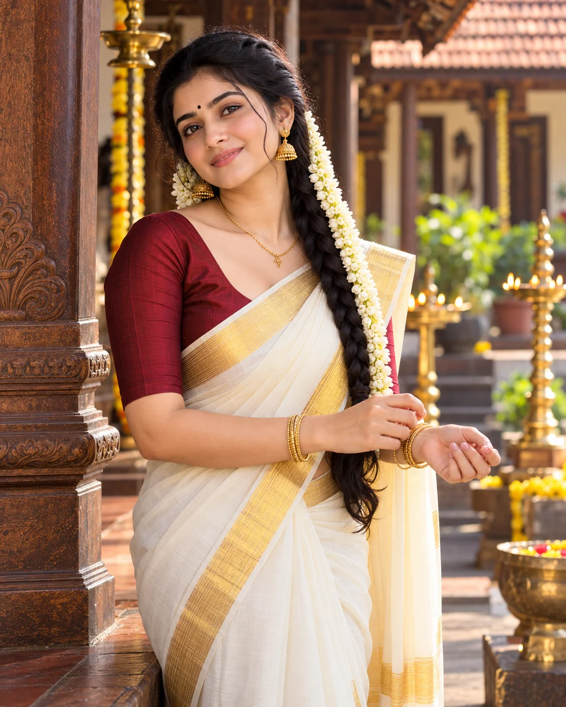 Festive traditional Indian woman wearing a golden-border Kerala saree with jasmine flowers and antique gold jewellery.