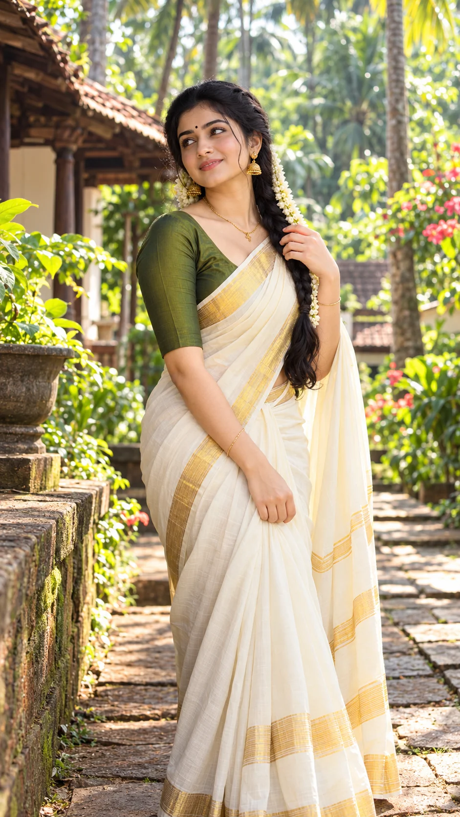 Beautiful Indian woman in a white and gold Kerala saree standing in a lush tropical garden with jasmine flowers in her braid.