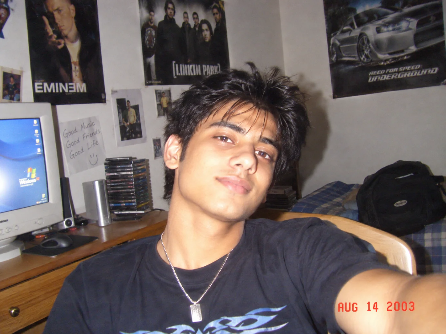 Classic Y2K portrait with direct flash, glossy makeup, and early 2000s digital camera texture