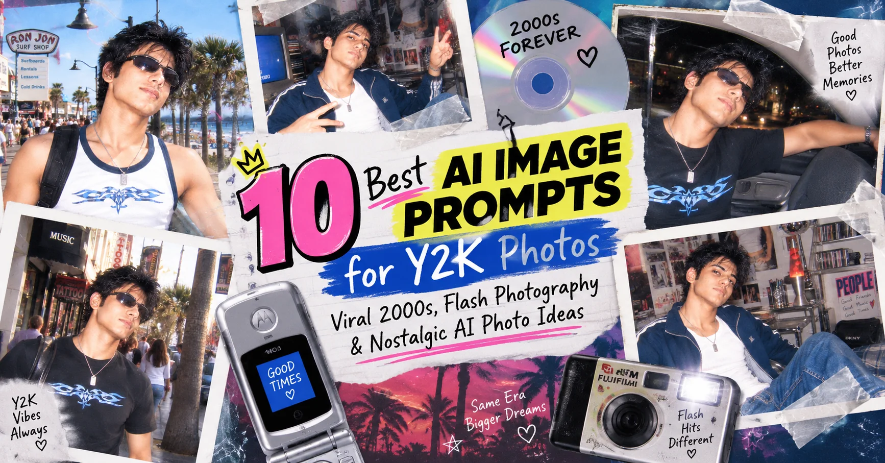 Y2K AI image prompts featuring nostalgic 2000s fashion, direct flash photography, and retro digital camera aesthetics